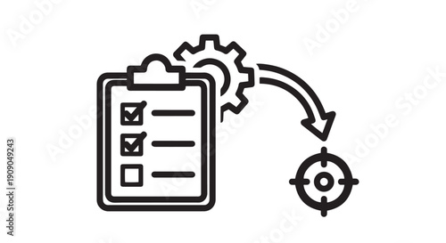 Checklist completion process involving a gear mechanism leading toward a clearly defined target icon