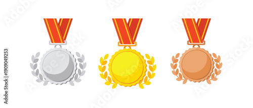 set of gold silver and bronze medals with red ribbon  flat icons. Vector award medal set. With gold medal, bronze medal and bronze medal.