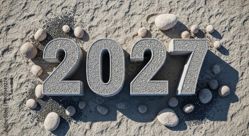 Realistic concrete numerals 2027 emerge from textured sand and pebbles