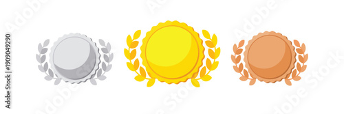 Set of three award medals in gold, silver, bronze on isolated on transparent background with flat design