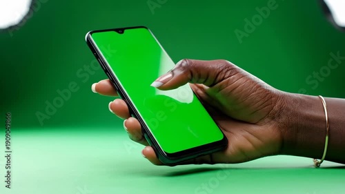 Dark skinned hand interacts with smartphone with green screen against green background
