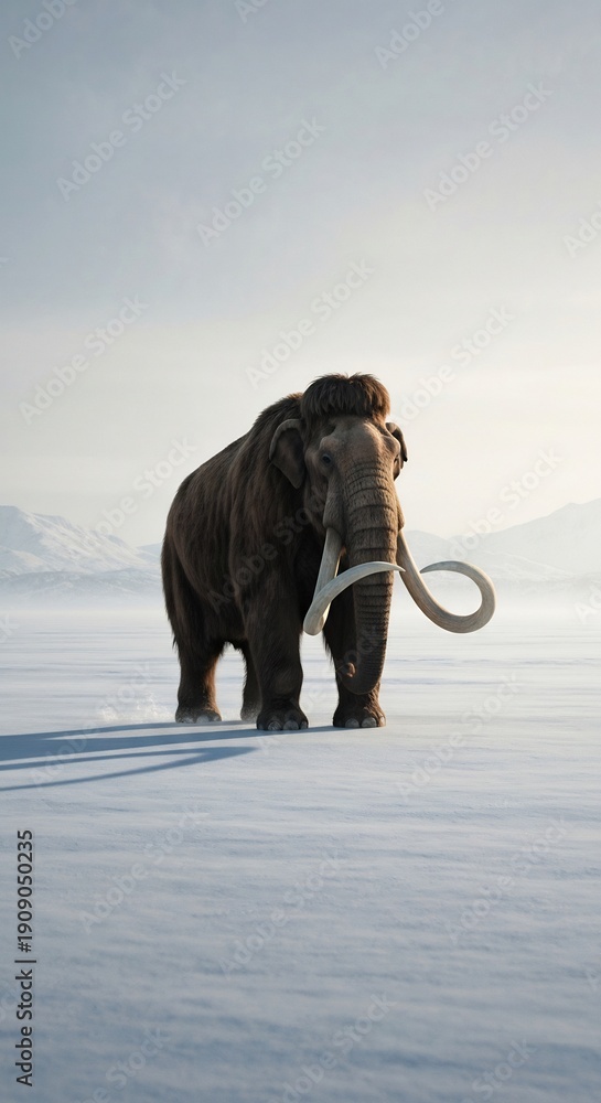 Obraz premium Majestic woolly mammoth standing on a snowy landscape with misty mountains in the background