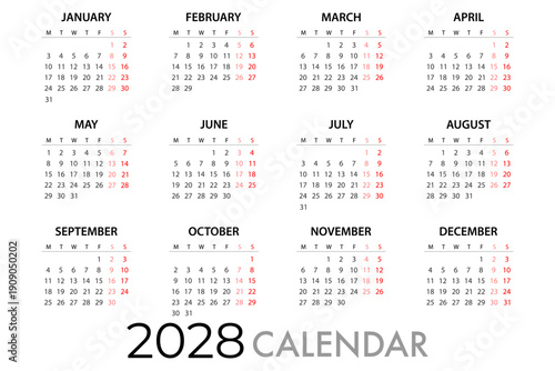 Calendar planner for 2028 Week Starts Monday. Simple Vector Template eps 10.