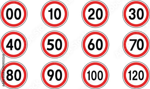 circular german speed limit signs displaying numbers from 00 to 120 primarily in red and white high-quality