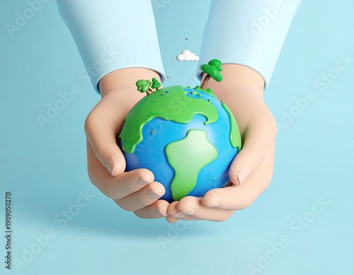 Gentle hands cradle a small, green planet with trees