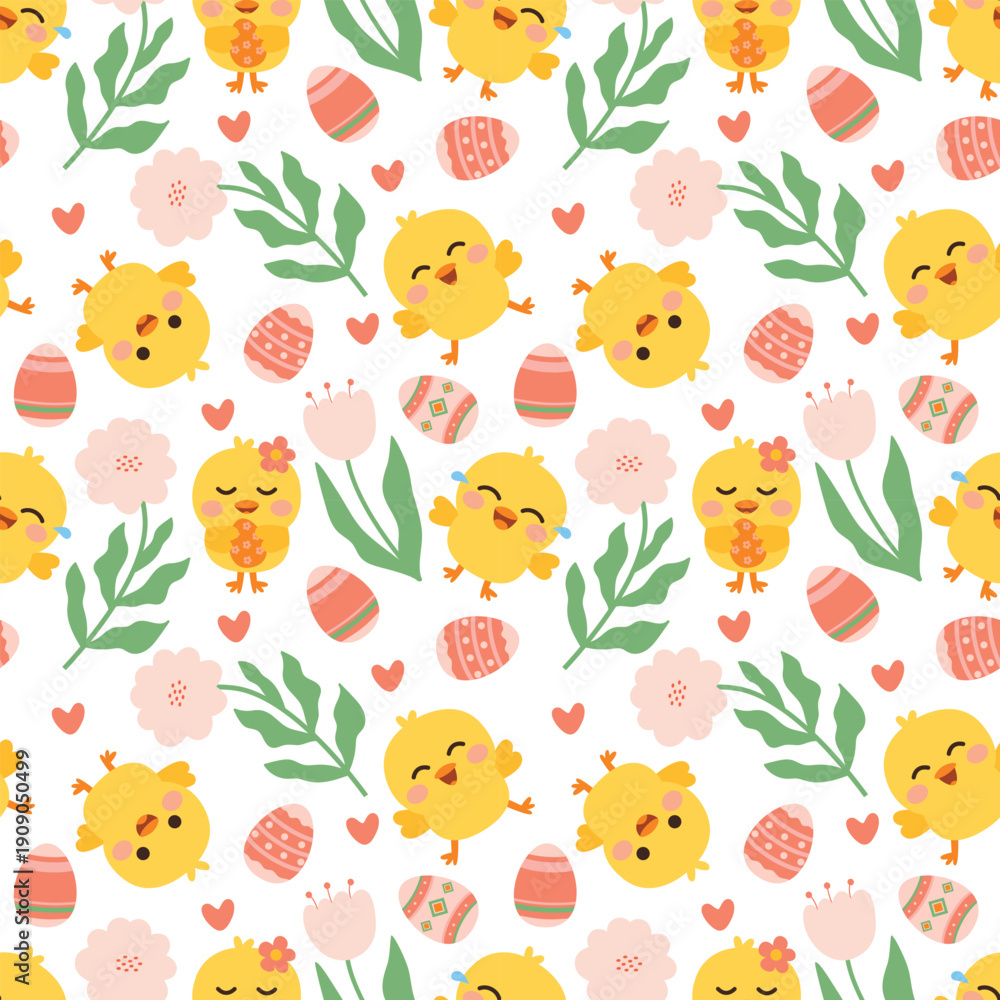 Fototapeta premium Cute Easter Seamless Pattern with Baby Chicks and Eggs Spring Holiday Background with Yellow Chicks Flowers and Hearts Easter Repeat Pattern Featuring Adorable Chicks and Decorated Eggs