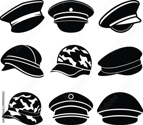 military hat vector silhouette set art and illustration