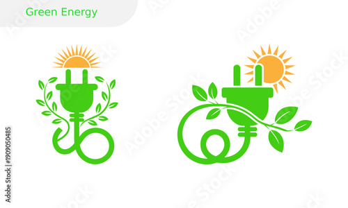 Sustainable, natural and renewable resources logo badge.,Eco-friendly power plug and leaf concept Vector illustration.