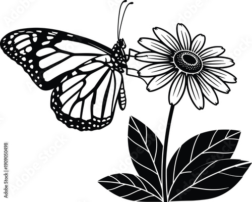 Butterfly resting on blooming flower with leaves silhouette illustration isolated on white background representing nature, pollination and garden concept