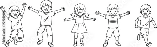 Happy children cartoon characters set with playful poses isolated on white background, cute kids line art vector illustration for education and design