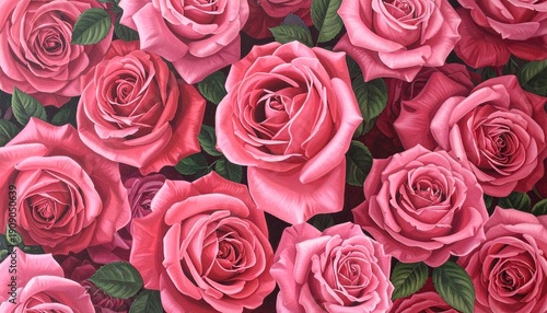 Abundant vibrant pink and red roses, lush green leaves