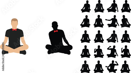 Set of man meditating in lotus pose with bow tie including colored character and multiple silhouette variations isolated on white background