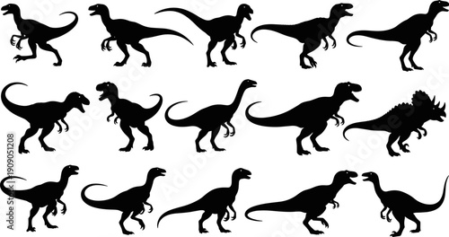 Dinosaur silhouettes vector set, prehistoric reptiles collection with theropods and carnivores, black isolated dinosaur shapes for design, logo, illustration, and education