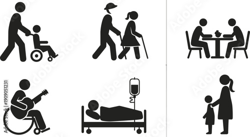 Disabled and elderly care vector illustration set, medical support, wheelchair assistance, hospital patient, family help concept, healthcare and social service symbol