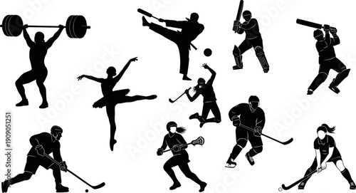 Diverse Athletes Collection Silhouettes, Featuring Weightlifting, Ballet Dancer, Martial Arts, Hockey, Lacrosse, and Cricket Players, Representing Fitness, Art, and Competition