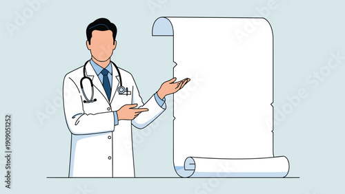 Professional doctor in a white lab coat with a stethoscope gestures toward a large blank scroll for custom messaging.