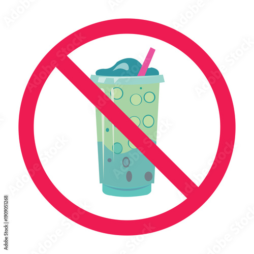 No sugary drink sign, no boba drink sign, bubble tea prohibited symbol, forbidden sign with blue milk boba tea icon, vector illustration