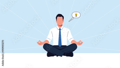 Businessman in professional attire sits in a calm meditation pose while an idea lightbulb appears in a thought bubble.