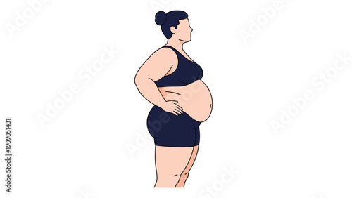 Realistic side profile illustration depicts an overweight woman wearing black fitness clothing against a white background.