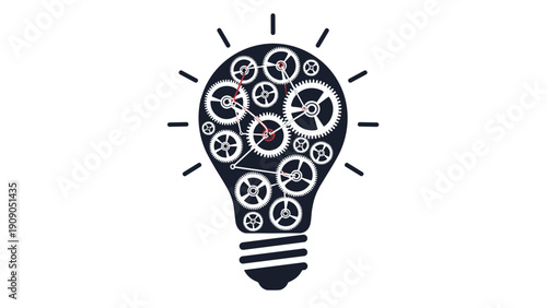 Creative silhouette of a lightbulb is filled with intricate interlocking gears and cogs representing innovation and ideas.