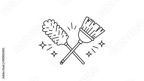 Hand-drawn style illustration shows a crossed feather duster and broom with small sparkle icons to represent cleaning.