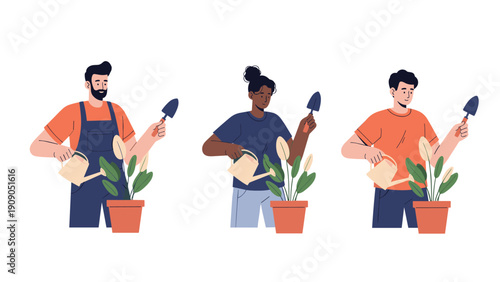 Three diverse people are shown caring for their indoor plants by watering and using trowels in a flat illustration.