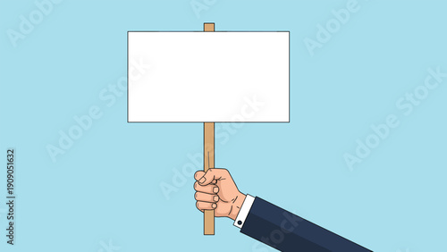 Hand in a business suit sleeve holds up a large blank white placard on a wooden handle against a blue background.