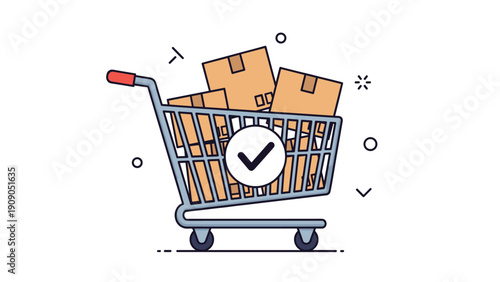 Grocery shopping cart is filled with cardboard boxes and features a large checkmark icon representing a completed order.