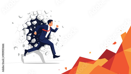 Determined man in a business suit bursts through a crumbling brick wall while running toward an abstract orange goal.
