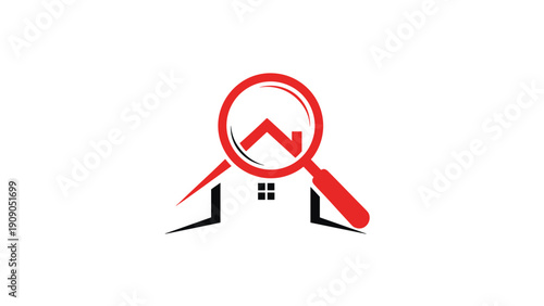 Logo design featuring a red magnifying glass inspecting a house roof silhouette representing real estate search and property inspection.