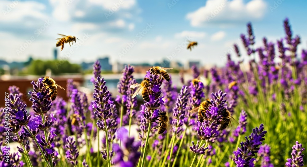 Obraz premium Golden Bees Gather on Lavender Stalks Above Blurred Cityscape Under Clear Sky