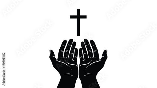 Black and white silhouette of two open hands raised in prayer or worship towards a Christian cross symbol against a white background.