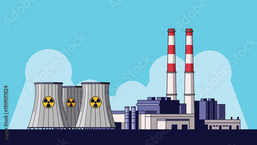 Flat vector illustration of a modern nuclear power plant with cooling towers and smoking chimneys under a clear blue sky background.