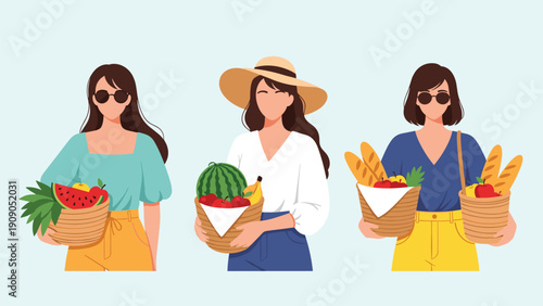 Set of three young women in fashionable summer clothing holding baskets overflowing with fresh produce and snacks.
