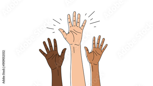 Diverse hands with different skin tones raised up together against a white background representing unity and community.