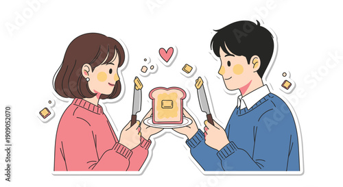 Couple sharing a sweet breakfast moment with toast and butter, spreading joy