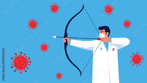 Brave doctor in a white medical coat and face mask using a bow and arrow to fight against flying red virus particles.