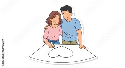 Couple Drawing A Heart Shape On Paper Together For Love And Relationship