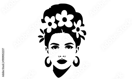  Beautiful woman face with flower crown hairstyle portrait illustration in minimalist black and white style for beauty, fashion, and feminine design concept