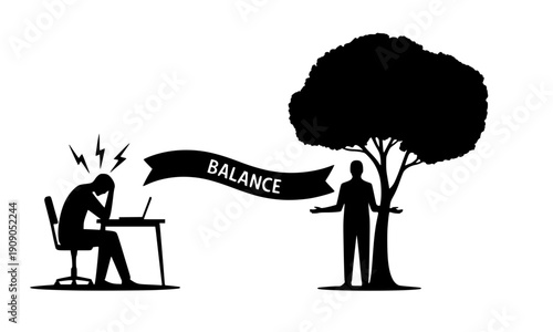 Work life balance silhouette illustration showing person working at laptop with tree and banner representing harmony between career and personal life concept