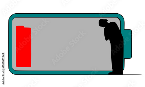 Low battery energy level with tired exhausted person silhouette illustration showing fatigue, burnout, or depletion concept for mental health and wellness design