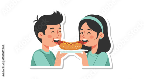 Couple Sharing a Delicious Hot Dog Together with Joy and Love on a Plate