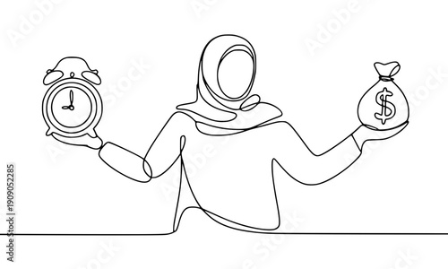 Muslim woman in hijab balancing time and money illustration showing work-life balance, financial management, or multitasking in continuous line drawing style