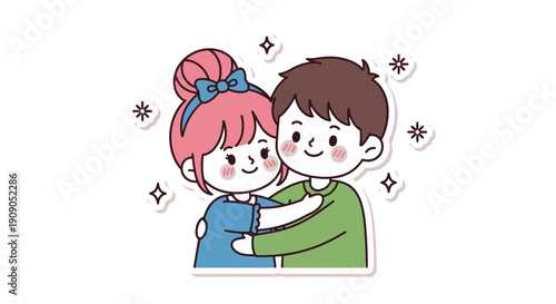 Couple hugging with sparkles, illustration of affection and love, celebrating romance