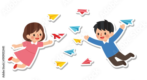 Children playfully throwing paper airplanes in a sky of dreams and imagination