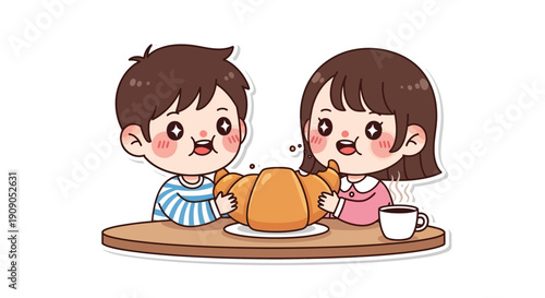 Cute Couple Enjoying Breakfast with Croissant and Coffee Together