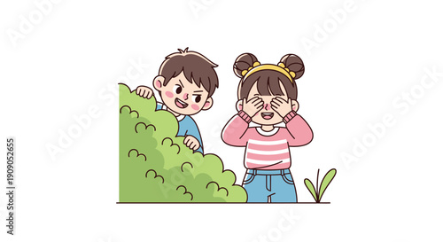 Children playing hide and seek behind a bush, a fun and engaging outdoor activity