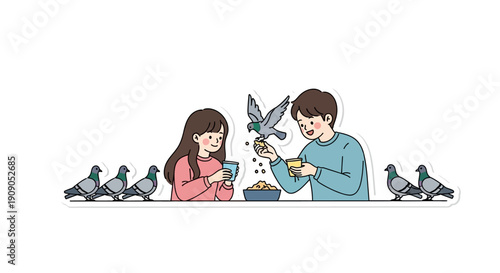 Couple feeding pigeons in a park, a heartwarming moment of connection and nature