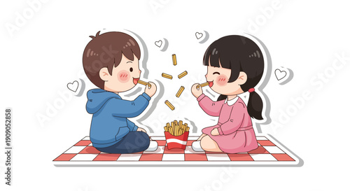 Children enjoying a picnic and eating french fries on a red checkered blanket