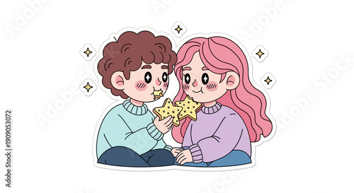 Cute cartoon couple sharing cookies with joy and sparkling stars